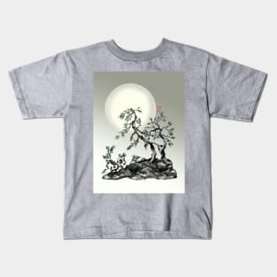 SumiE ink and watercolor chinese fir trees under a full moon Kids T-Shirt